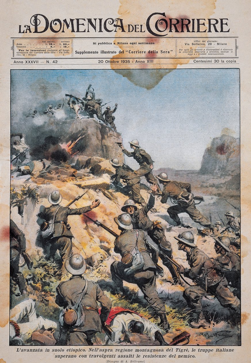 Italienske tropper rykker frem på etiopisk jord, illustration fra La Domenica del Corriere, 20. oktober af Achille Beltrame