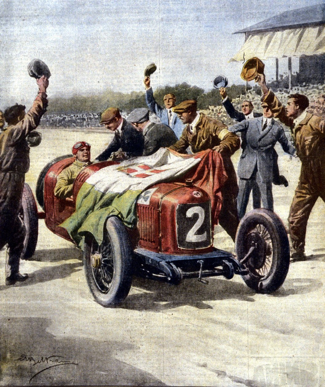 Italiensk sejr ved det 3. Europæiske Motor Grand Prix: Mekanikerne fra Ascari viser det trefarvede flag på bilen. Ill. de Beltrame. "La Domenica del Corriere"". 07/1925. af Achille Beltrame