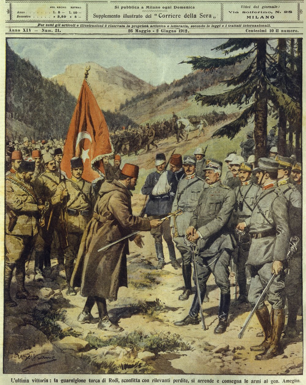 Italiensk-tyrkisk eller libysk krig (1911-1912), den tyrkiske hær overgiver sig og afgiver våben til den italienske general Ameglio på Rhodos, 26. maj af Achille Beltrame