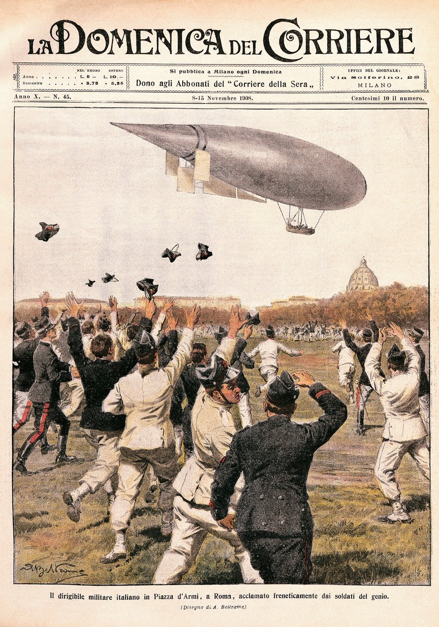 Italien, Milano, luftskibsflyvning styret af Crocco og Ricaldoni i Rom den 31. oktober af Achille Beltrame