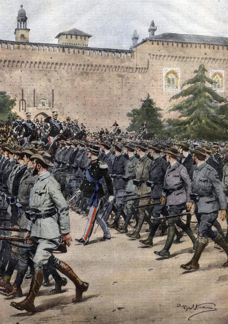 Italiens nye militser: frivillige i almindeligt tøj under en militærparade den 11. november i Milano. Ill. de Beltrame. La Domenica del Corriere. 11/1914. af Achille Beltrame