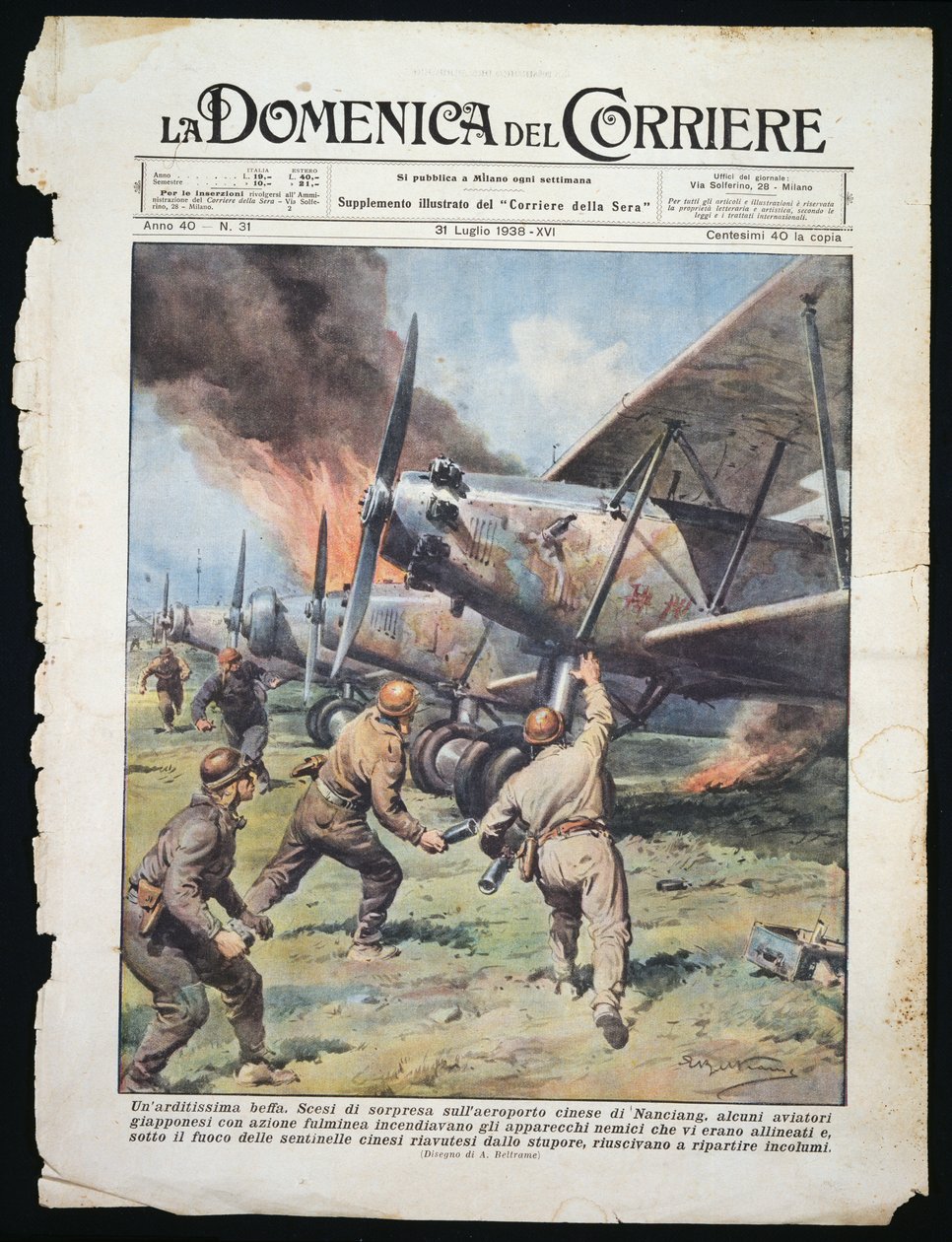 Japansk kommandoangreb på den kinesiske lufthavn Nanchang, plade af Achille Beltrame (1871-1945) fra avisen La Domenica del Corriere, 31. juli af Achille Beltrame