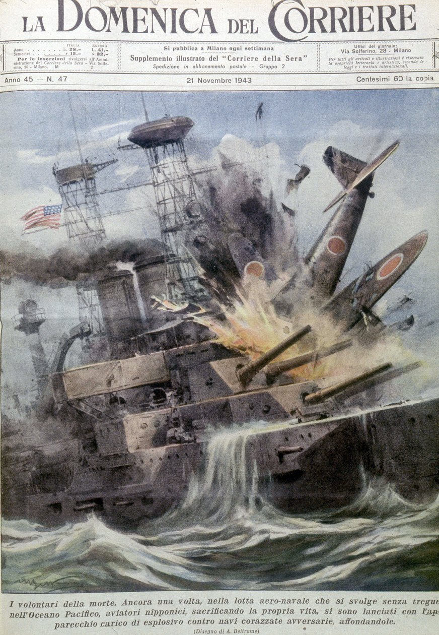 Japanske selvmordsbombere eksploderer på fjendtlige skibe - i "La Domenica del Corriere", 21. november 1943 (litografi) af Achille Beltrame