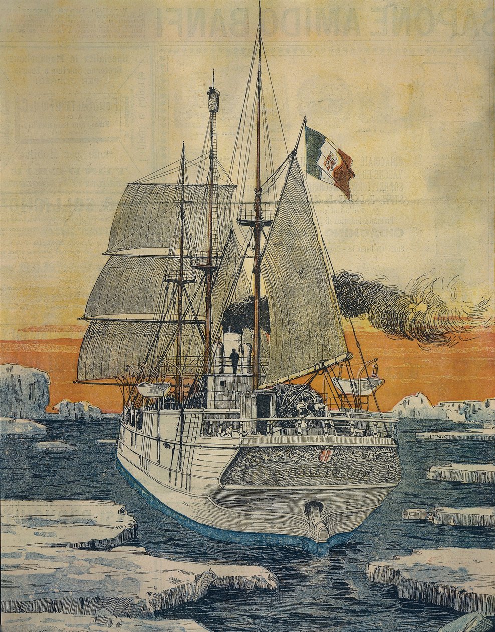 Rejse til Nordpolen: Polarstjerneskib, der fragtet prins Luigi Amedeo af Savoy-Aosta, hertug af Abruzzi, til Teplitz-bugten på Rudolf-øen, af Achille Beltrame (1871-1945), fra La Domenica del Corriere af Achille Beltrame