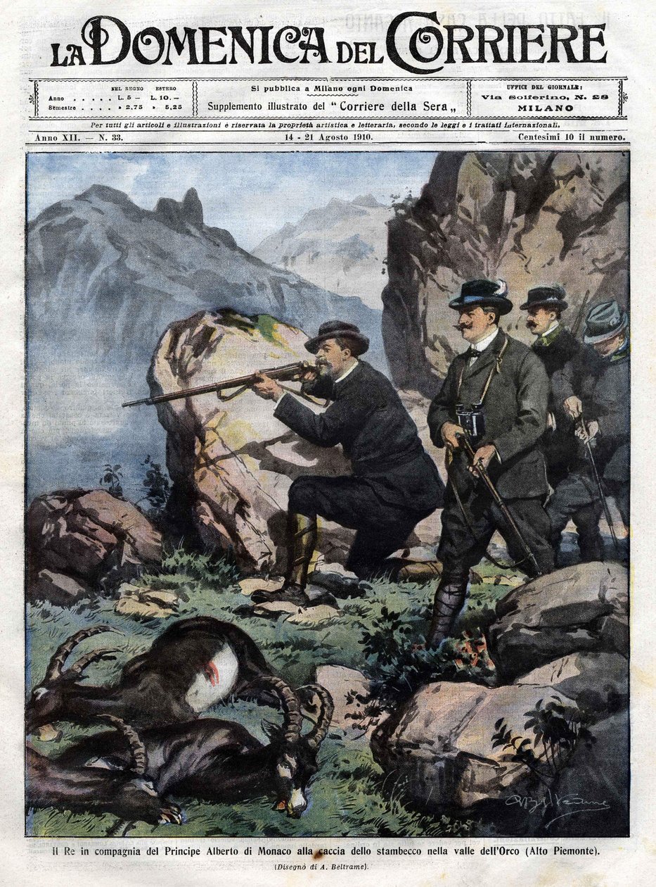 Konge af Italien Victor Emmanuel III (Victor-Emmanuel) (Vittorio Emanuele) med Prins Albert I af Monaco jager stenbukken. forsiden af domenica del corriere af 14. august 1910 af Achille Beltrame