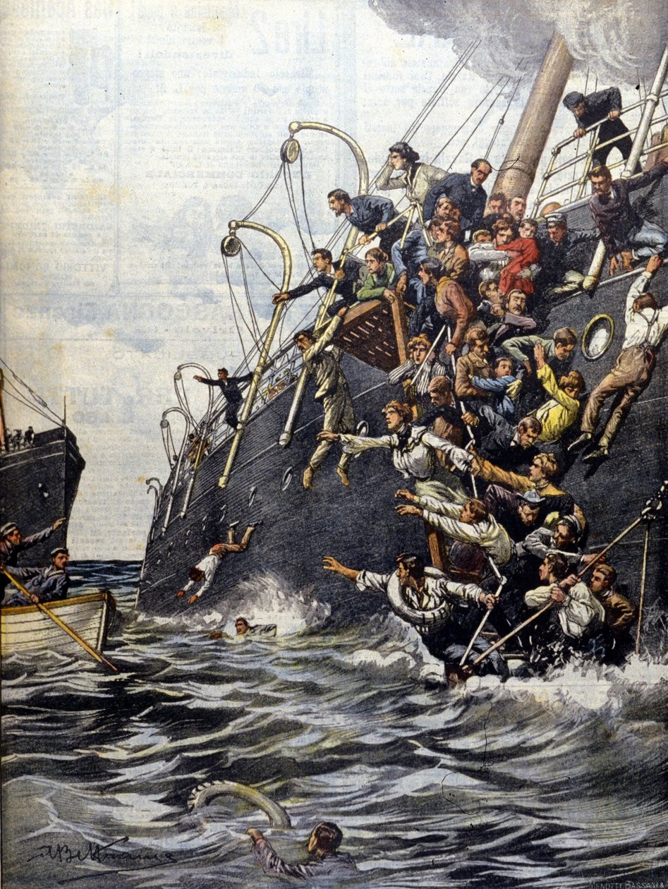 Libanon-katastrofen: passagerer kaster sig i havet efter kollisionen med et andet linjeskib ud for Marseilles kyst. Illustration af Beltrame. Domenica del corriere. 1903. af Achille Beltrame