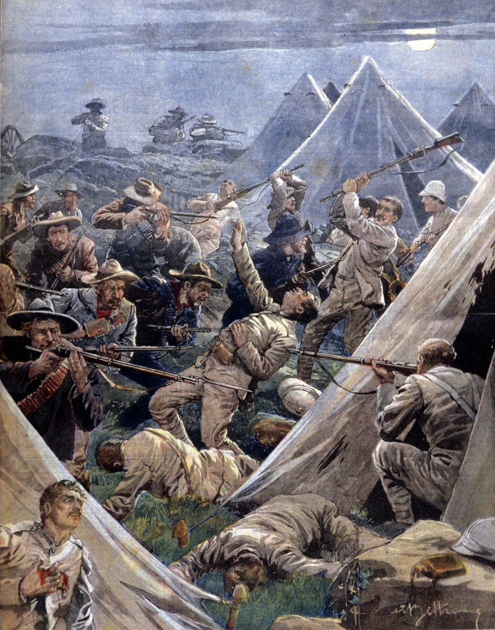 Boerkrigen eller Transvaal-krigen i Sydafrika mellem briterne og boerne: sidstnævnte angreb en engelsk lejr ved Tweenfontein. Illustration af Beltrame. La Domenica del corriere. 1902. af Achille Beltrame
