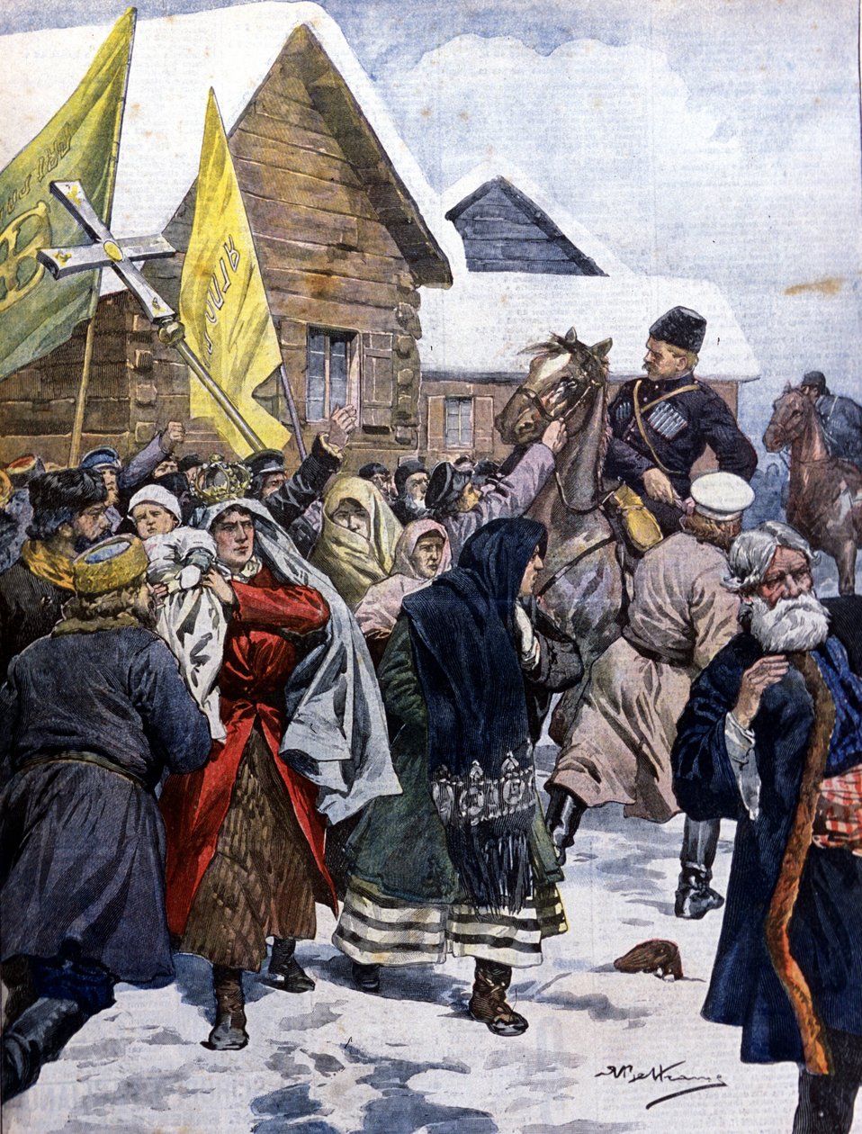 Overtro i Rusland: politiet forsøger at sprede sekten af ​​de nye kristne. Illustration af Beltrame. La Domenica del corriere. 1901. af Achille Beltrame