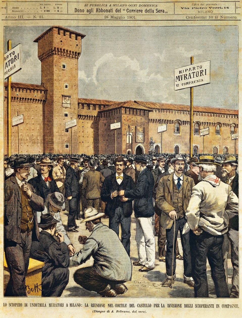 Storstilet byggestrejke i Milano: Offentligt møde i den store gårdhave til Sforzesco Slot, af Achille Beltrame (1871-1945), fra La Domenica del Corriere, 26. maj 1901 af Achille Beltrame