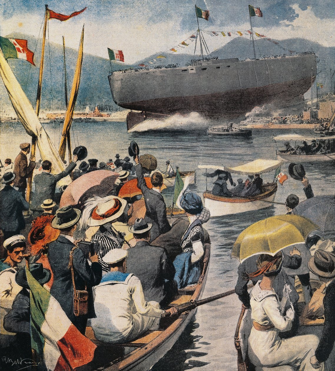 Opsendelse af slagskib Andrea Doria fra Arsenale i La Spezia, panel af Achille Beltrame (1871-1945), La Domenica del Corriere, 6. april af Achille Beltrame