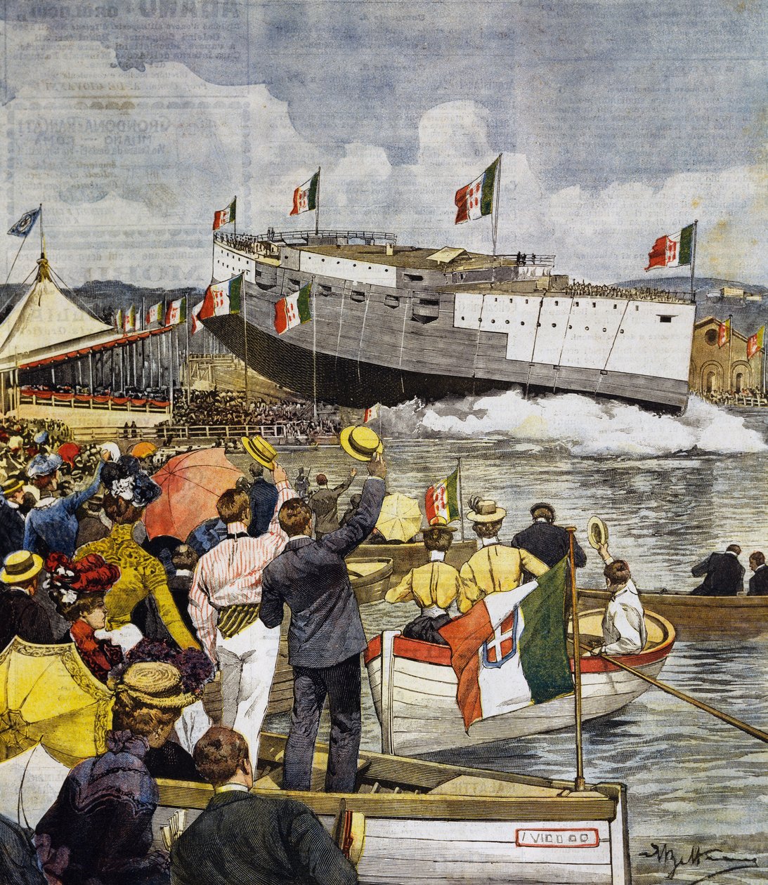 Opsendelse af slagskib Regina Margherita i La Spezia, panel af Achille Beltrame (1871-1945), La Domenica del Corriere, 9. juni af Achille Beltrame