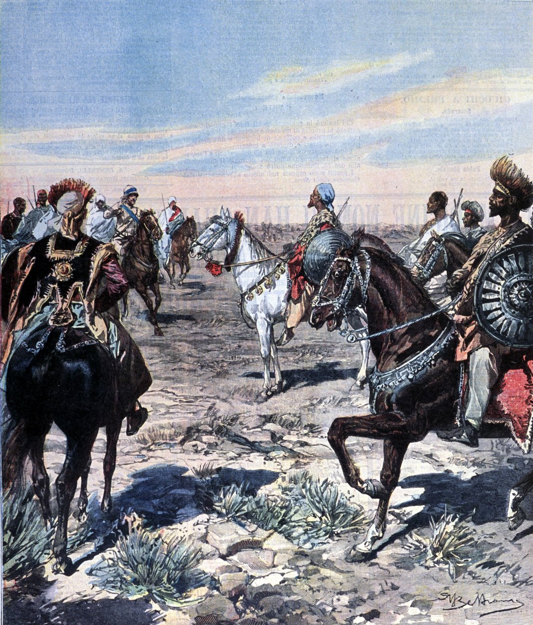 Kaptajn Mozzetti på lejren Ras Makonnen (Mekonnen Welde Mikael) (Abba Qagnew) (1852-1906) i Etiopien. Illustration af Beltrame. Domenica del corriere. 1899. af Achille Beltrame