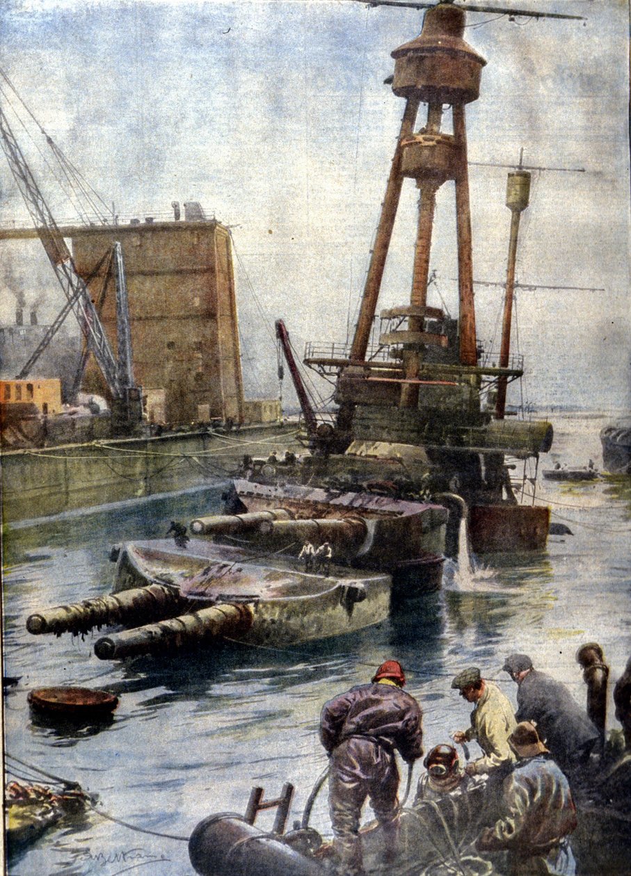 Det tyske slagskib Hindenburg, sænket ved Scapa Flow i Skotland, vendte tilbage til overfladen takket være den engelske flåde efter 7 år tilbragt på bunden af ​​havene. Illustration af Beltrame. Domenica del corriere af Achille Beltrame