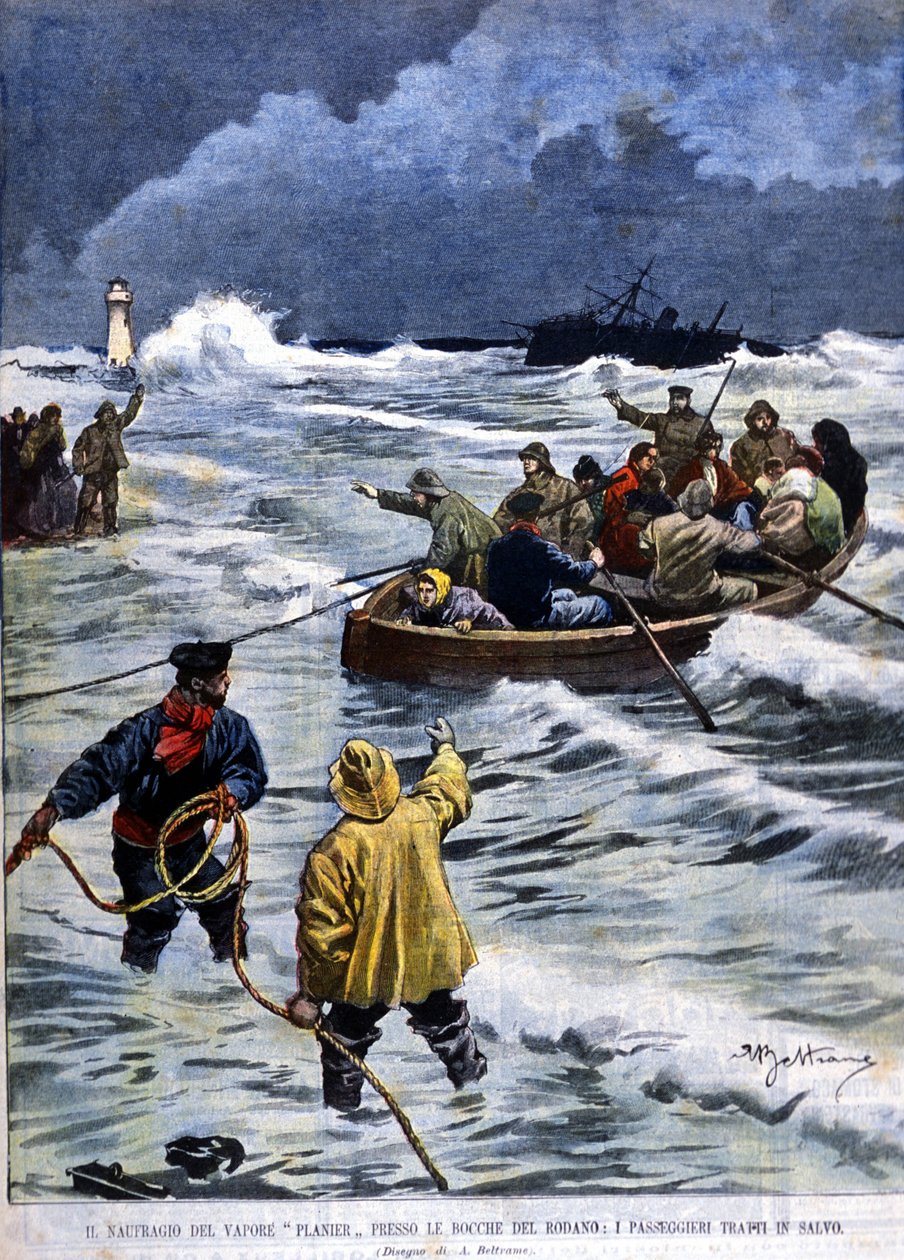 Planier-dampbådens forlis nær Bouches du Rhône: beredskabstjenesterne bragte passagererne tilbage. Illustration af Beltrame. La Domenica del corriere. 1901. af Achille Beltrame