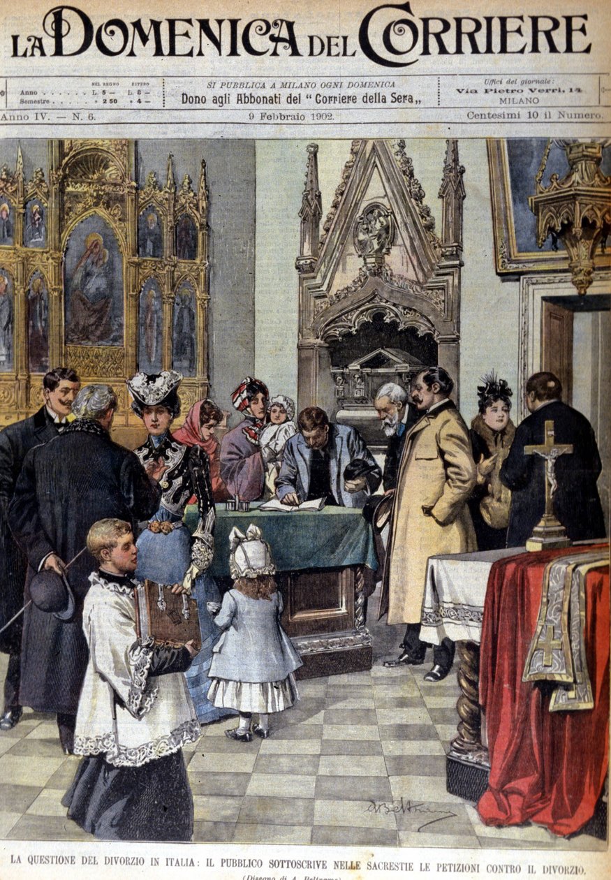 Problemet med skilsmisse i Italien: Befolkningen underskriver andragender mod skilsmisse i sakristierne. Illustration af Beltrame. La Domenica del corriere. 09/02/1902 af Achille Beltrame