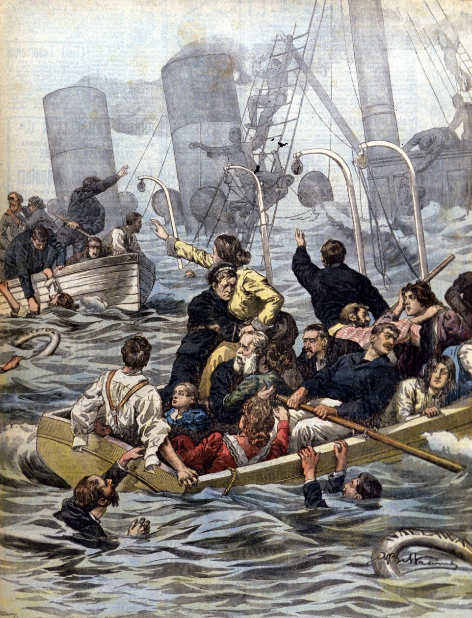 Maritime dramaer: forliset af linjeskibet Wallawalla fyldt med guldgravere fra Klondike. Illustration af Beltrame. La Domenica del corriere. 1902 af Achille Beltrame
