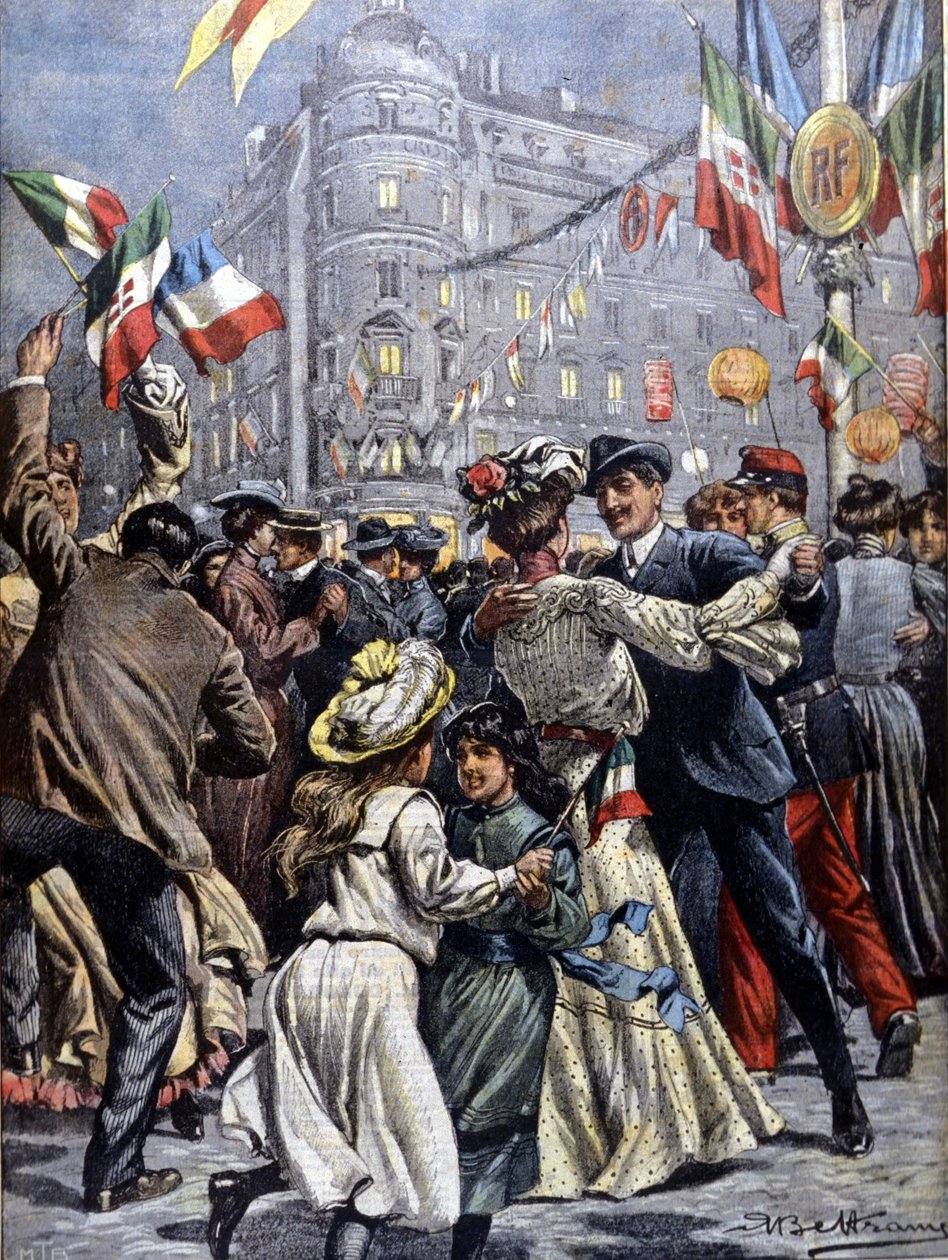 Italiens suveræner i Paris: populære bolde i gaderne. Illustration af Beltrame. La Domenica del corriere. 1903. af Achille Beltrame