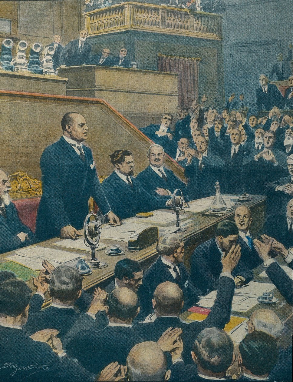 MUSSOLINI, Benito (1883-1945). Italiensk fascistisk politiker, Italiens hertug (leder) (1925-1943). Mussolini bekendtgjorde alliancen mellem de fire vestmagter til Senatet. Achille Beltrame (1871-1945) fra La Domenica del Corriere, 7. juni af Achille Beltrame