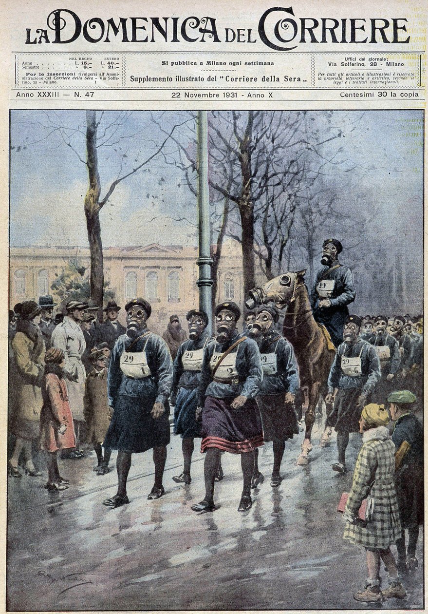 Marts arrangeret i Warszawa for at øve befolkningen i brugen af gasmasker - tegning af A. Beltrame, i "" la Domenica del Corriere"" af 22/11/1931 af Achille Beltrame