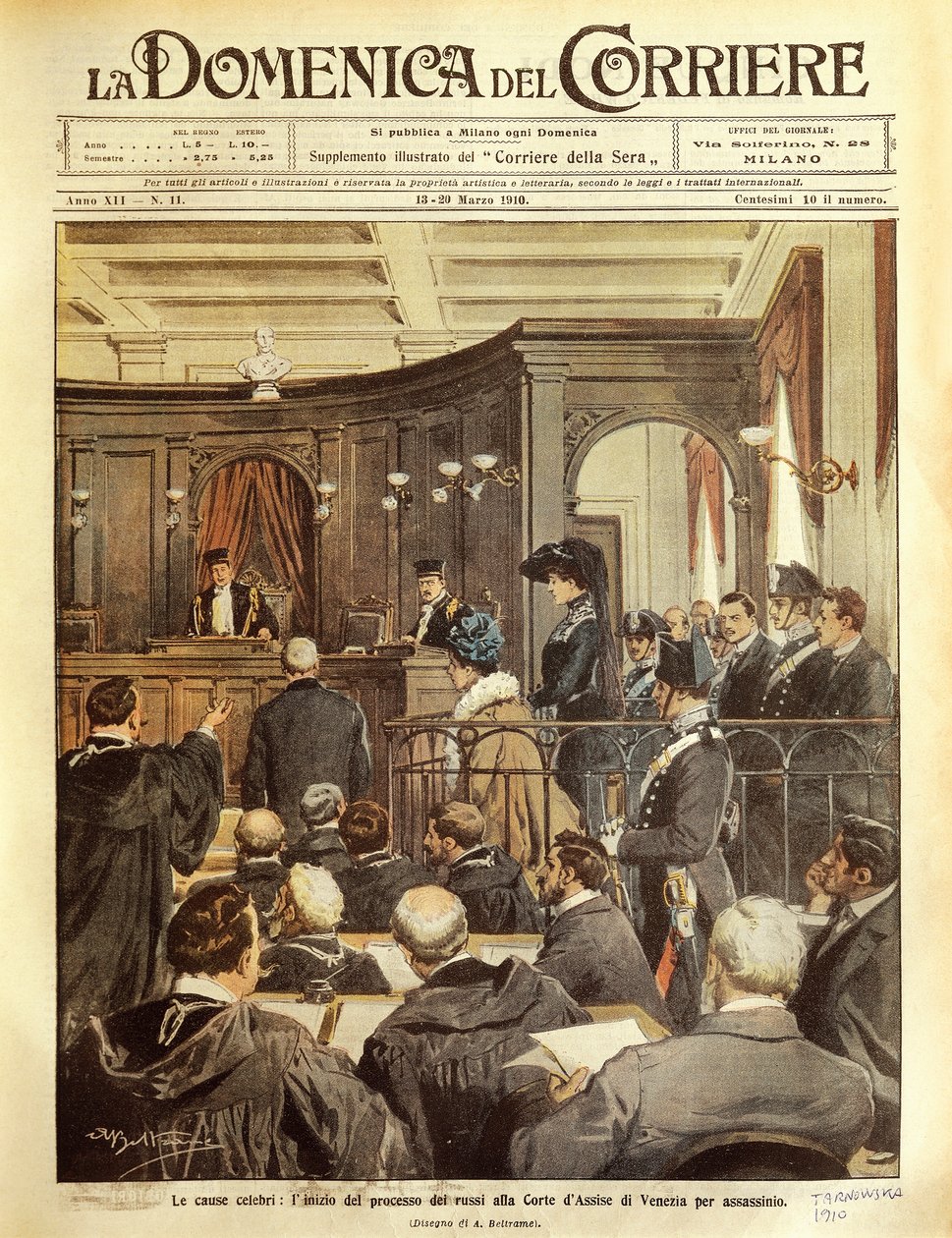 Maria Tarnowska for retten i Venedig, af Achille Beltrame, illustration, illustrator Achille Beltrame (1871-1945), fra La Domenica del Corrier af Achille Beltrame