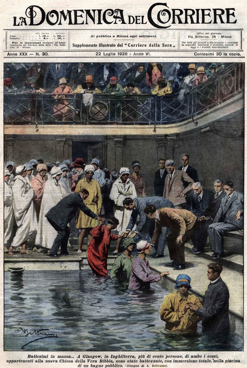 Massedåb: I Glasgow, Skotland, blev mere end hundrede mennesker, medlemmer af den nye True Bible Church, døbt i den kommunale pulje. Illustration af Beltrame. La Domenica del Corriere. 22/07/1928. af Achille Beltrame