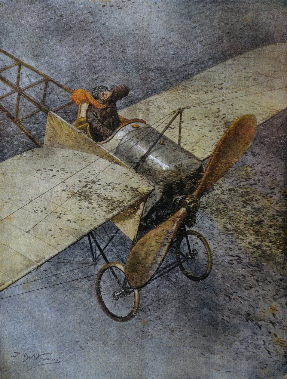 Mauvaises fly styrter ned efter at være blevet ramt af sværme af græshopper, nær Madrid, Spanien, illustration af Achille Beltrame fra La Domenica del Corriere, 3. juni af Achille Beltrame