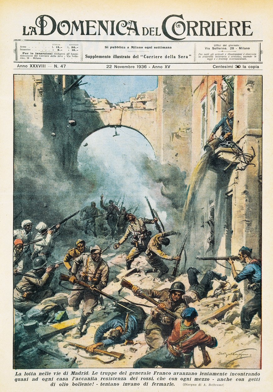 Nærkamp i Madrids gader under den spanske borgerkrig, Achille Beltrame (1871-1945), fra La Domenica del Corriere, 22. november af Achille Beltrame