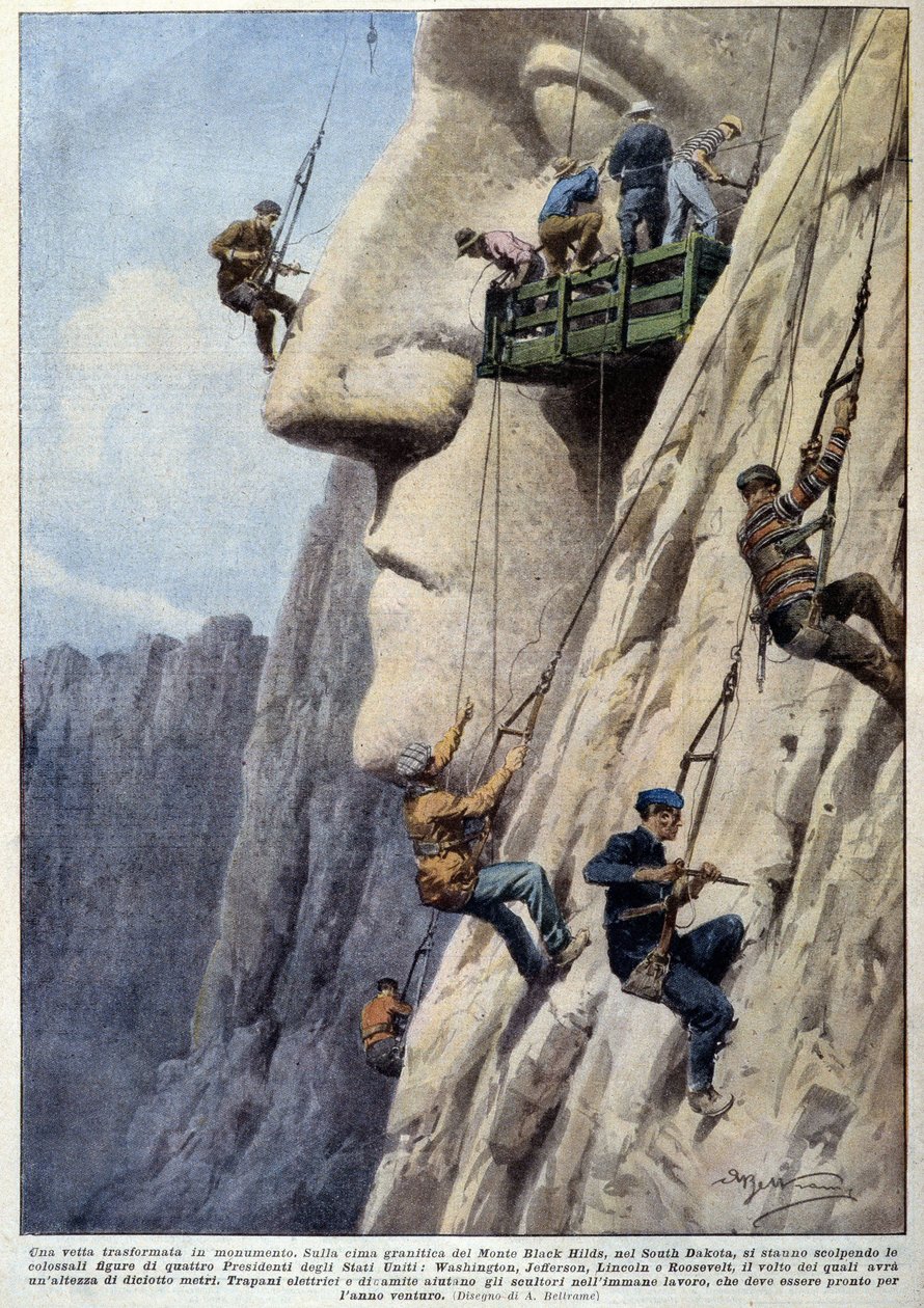 Mænd, der klatrer op på en granitklippe og billedhuggere på arbejde, til opførelsen af monumentet for amerikanske præsidenter for Mount Black Hilds - tegning af A. Beltrame, i "La Domenica del Corriere"" af Achille Beltrame
