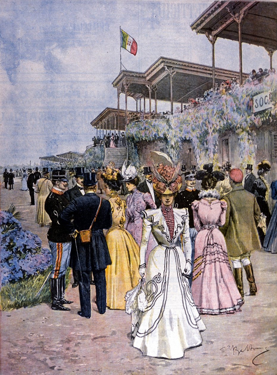 Milano: hestevæddeløb på San Siro-væddeløbsbanen: uddeling af handelsprisen (Premio del commercio). Illustration af Beltrame. Domenica del corriere. 1899. af Achille Beltrame