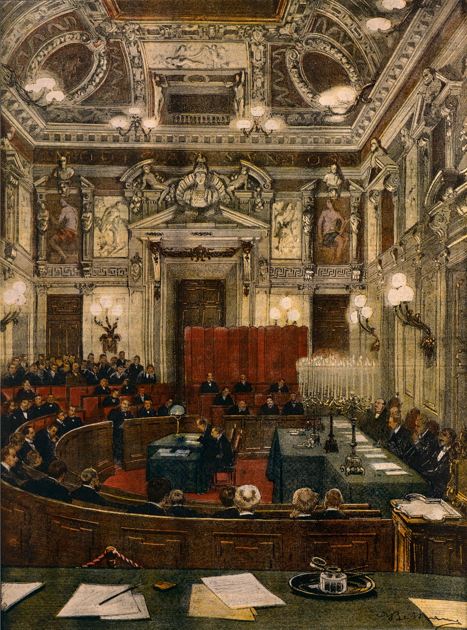 Milanos nye byråd i møde, af Achille Beltrame (1871-1945), fra La Domenica del Corriere af Achille Beltrame