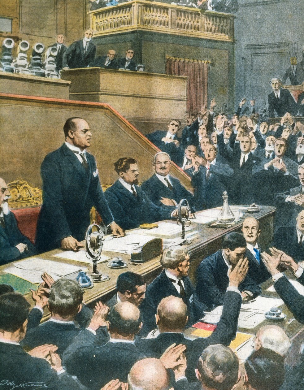 Mussolini annoncerer alliance indgået mellem fire vestmagter til Senatet, Achille Beltrame (1871-1945) fra La Domenica del Corriere, 7. juni af Achille Beltrame