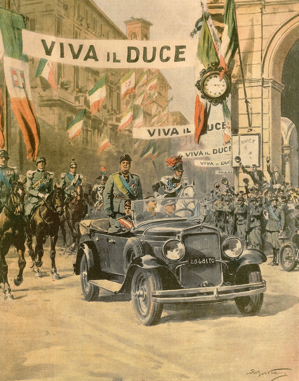 Mussolinis triumferende ankomst til Torino af Achille Beltrame (1871-1945) fra udgaven af ​​La Domenica del Corriere, oktober 1932 af Achille Beltrame