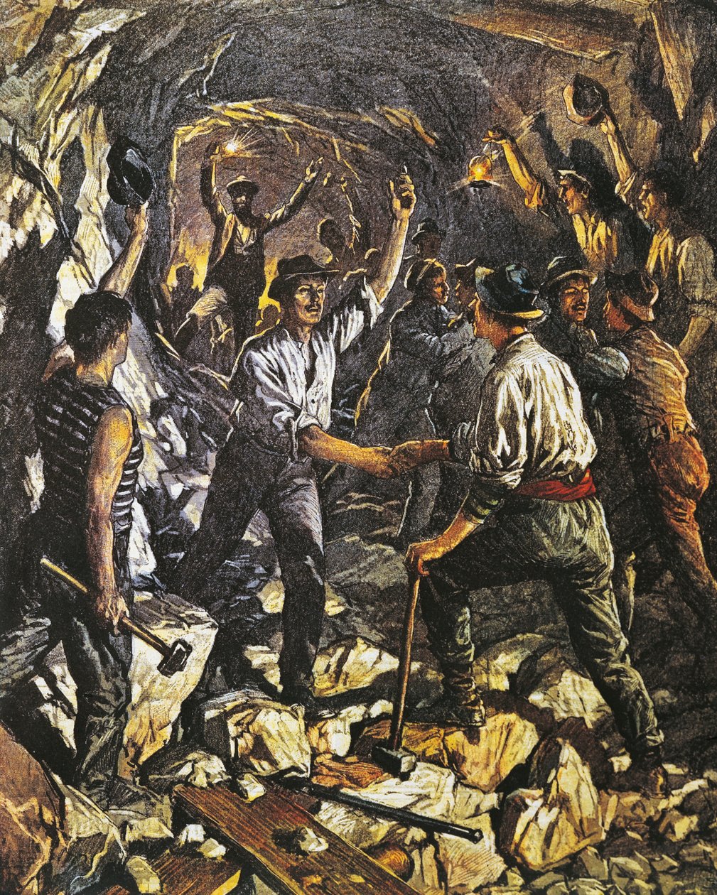 Åbning af den første del af Simplon-tunnelen mellem Arona og Meina, af Achille Beltrame (1871-1945), fra La Domenica del Corriere, 25. oktober 1903 af Achille Beltrame