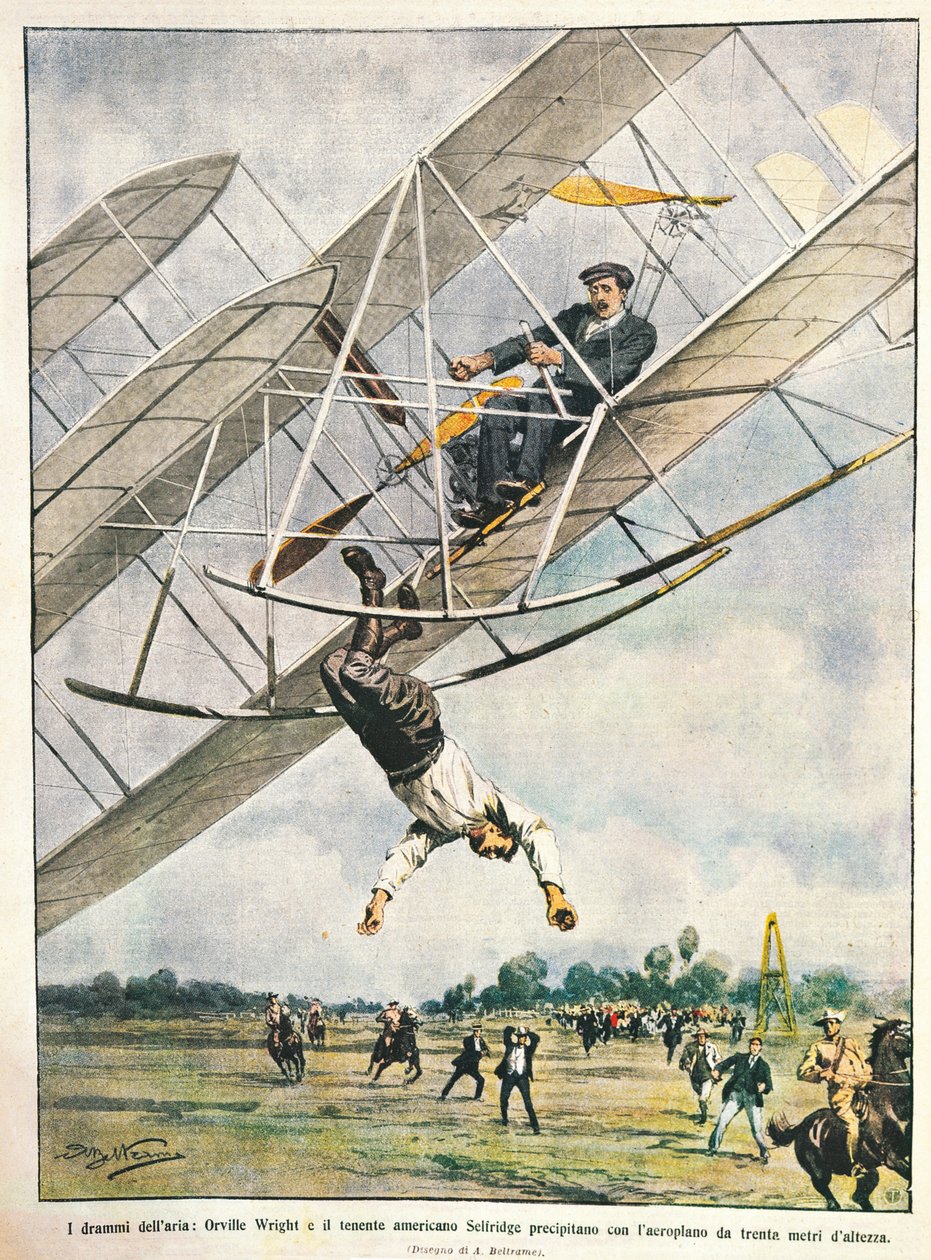 Orville Wright og løjtnant Seliridge styrter med biplan fra tredive meter, USA, illustration af Achille Beltrame fra La Domenica del Corriere, 11. oktober af Achille Beltrame