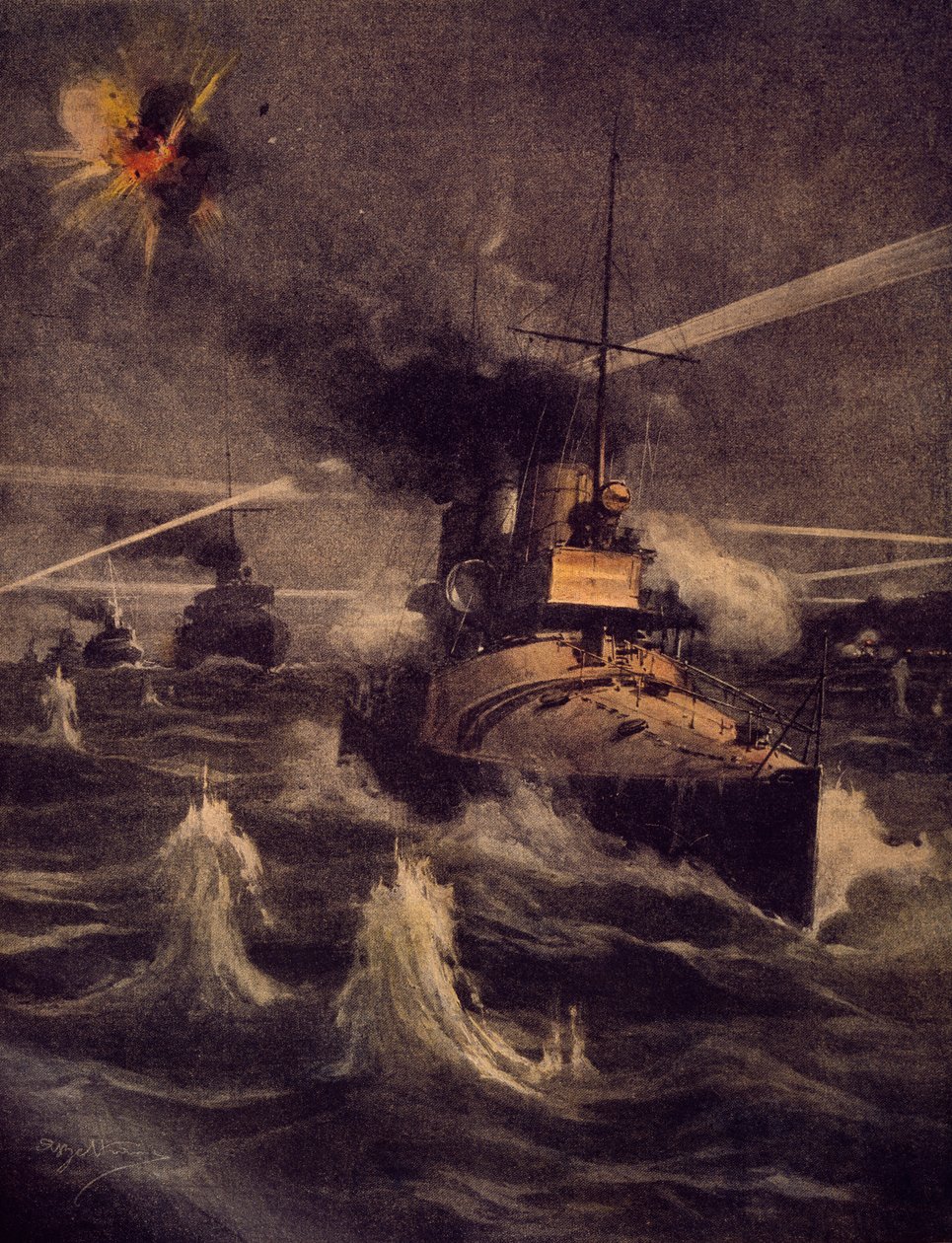 Vores torpedobåde gør vovet indfald i Dardanellestrædet under fjendens beskydning, af Achille Beltrame (1871-1945), illustration fra La Domenica del Corriere af Achille Beltrame