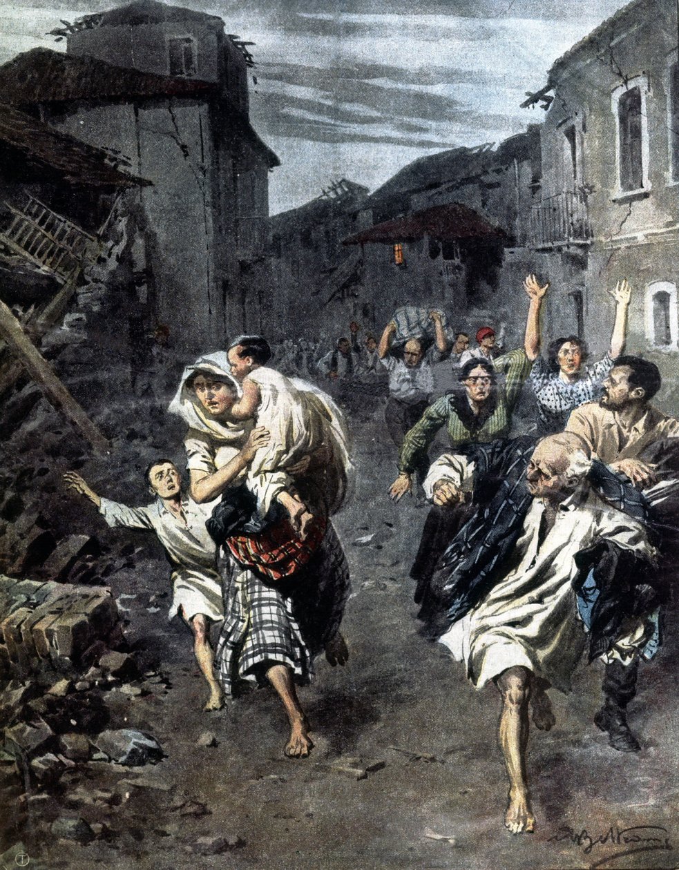 Panik i Reggio Calabria efter jordskælvet i 1908. Illustration af Beltrame. 1908 af Achille Beltrame