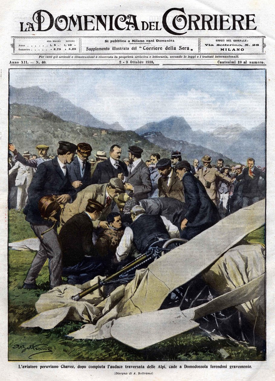 Den peruvianske flyver Chavez styrtede ned i Domodossola med alvorlige kvæstelser efter sin vovede krydsning af Alperne. Illustration af Beltrame. 10-02-1910. La Domenica del Corriere. af Achille Beltrame