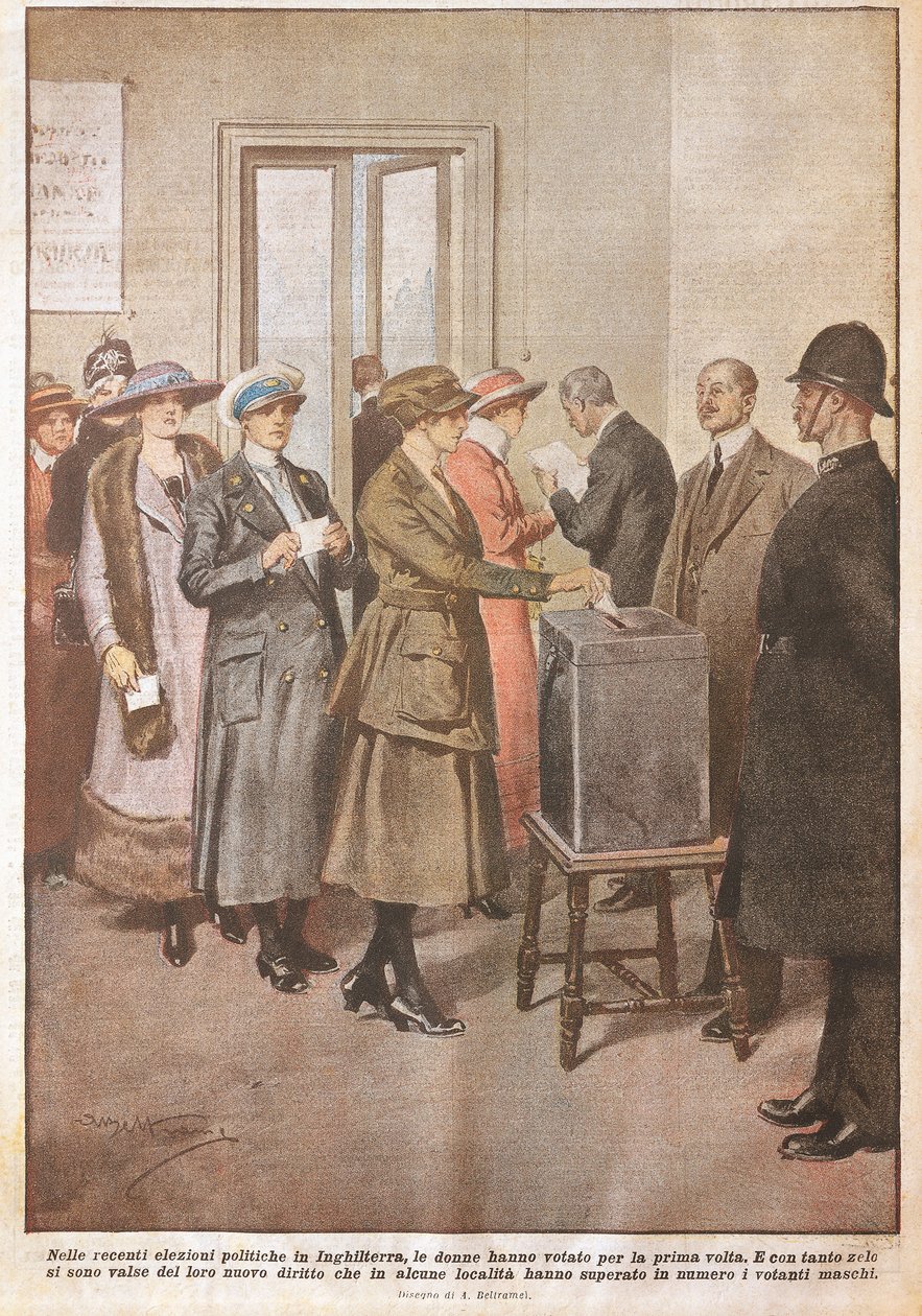 Politiske valg i England: Kvinder, der stemmer for første gang, af Achille Beltrame (1871-1945), fra La Domenica del Corriere, 20. århundrede af Achille Beltrame