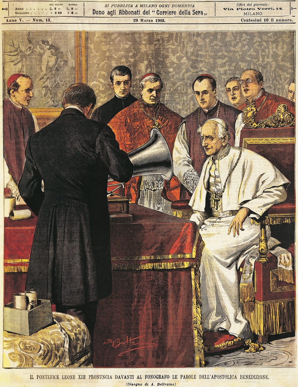 Pave Leone XIII læser Benediction til grammofon af Achille Beltrame (1871-1945), fra La Domenica del Corriere, 29. marts 1903 af Achille Beltrame