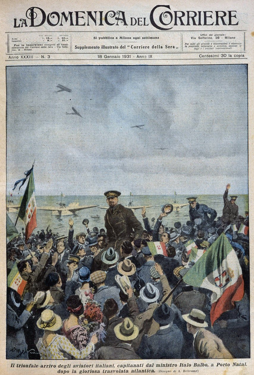 Porto Natal: den triumferende ankomst af italienske flyvere ledet af minister Italo Balbo efter at have krydset Atlanten - dess. de A. Beltrame i "" la Domenica del Corriere"" af 25/01/1931 af Achille Beltrame