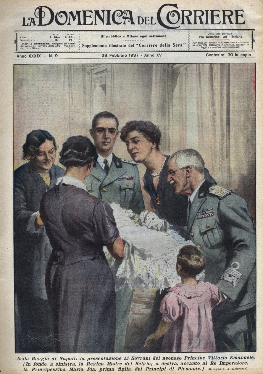 Præsentation af prins Vittorio Emanuele, spædbarn, til suverænerne, til venstre dronningmoderen til belgierne Elisabeth de Baviere (1876-1965), til højre Victor-Emmanuel (Victor Emmanuel) (Vittorio Emanuele) III af Savoyen, og i baggrunden Fathe af Achille Beltrame