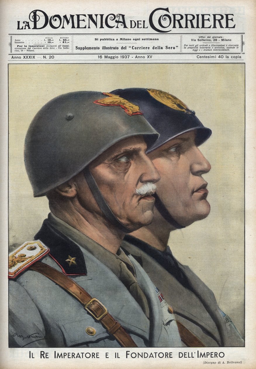 Profiler af kong Vittorio Emanuele (Victor Emmanuel) III og Duce Benito Mussolini, grundlæggeren af imperiet, på vejen for romerske kejsere. Illustration af Achille Beltrame i "La domenica del Corriere"" af 16/05/1937. af Achille Beltrame