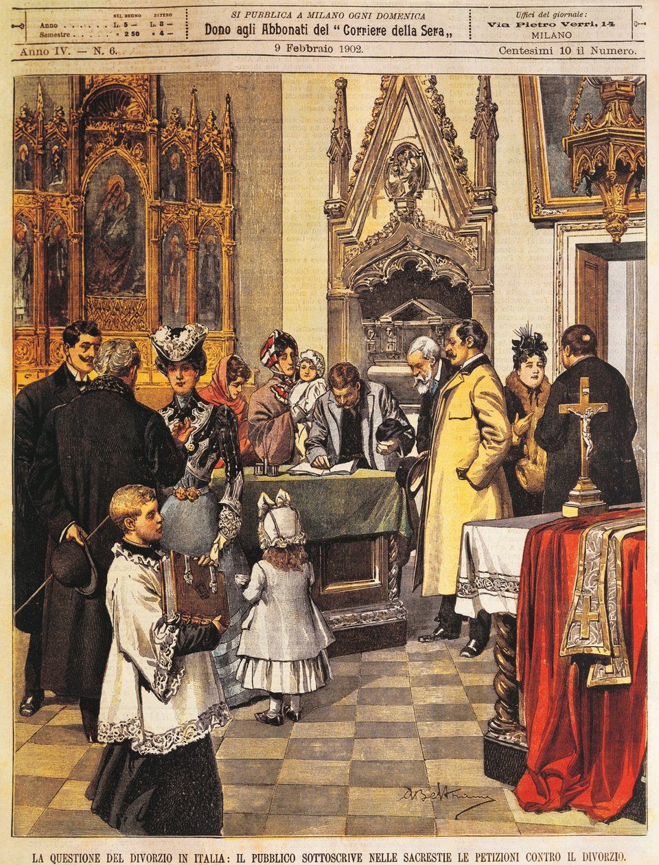 Offentlig underskriftsbegæring mod skilsmisse i sakristi, af Achille Beltrame, illustration, Illustrator Achille Beltrame (1871-1945), fra La Domenica del Corriere, 9. februar 1902 af Achille Beltrame