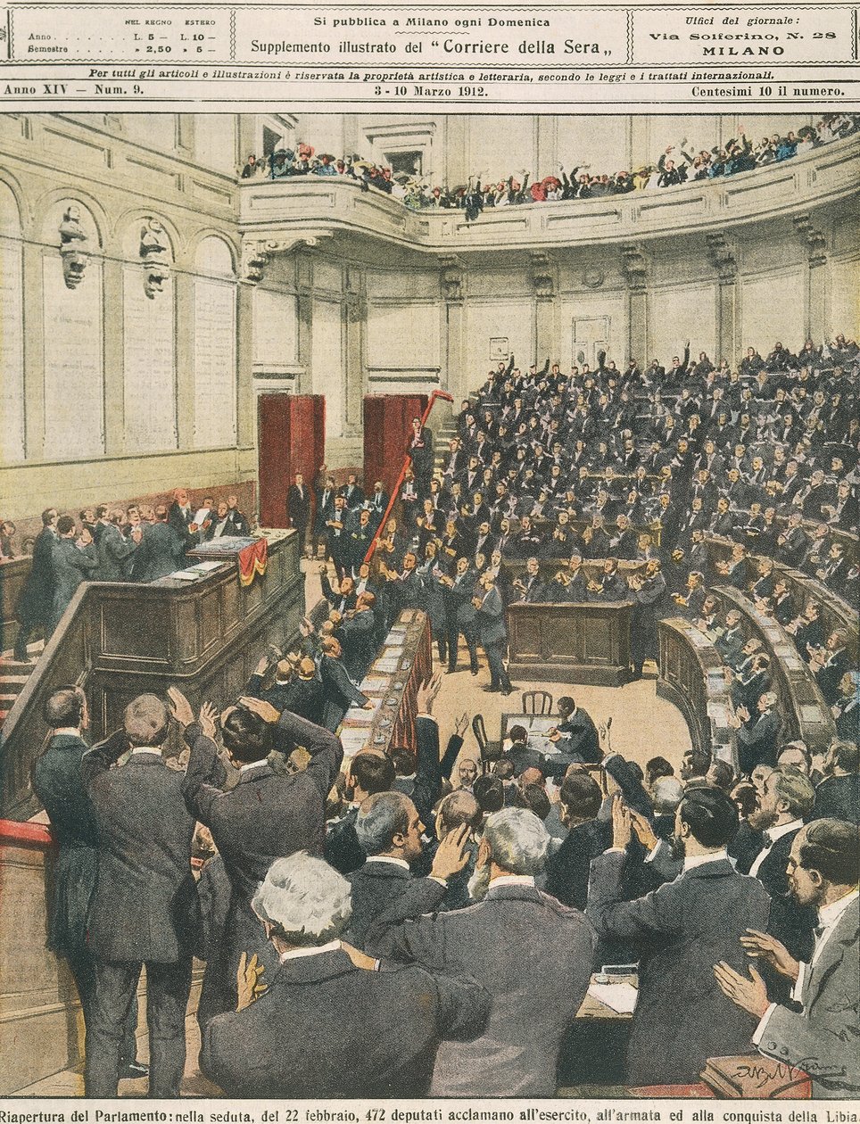 Genåbning af det italienske parlament om aftenen den 22. februar, jubel fra hæren efter dens vellykkede kampagne i Libyen, af Achille Beltrame, illustration, Illustrator Achille Beltrame (1871-1945), fra La Domenica del Corriere, 3. marts 1912 af Achille Beltrame