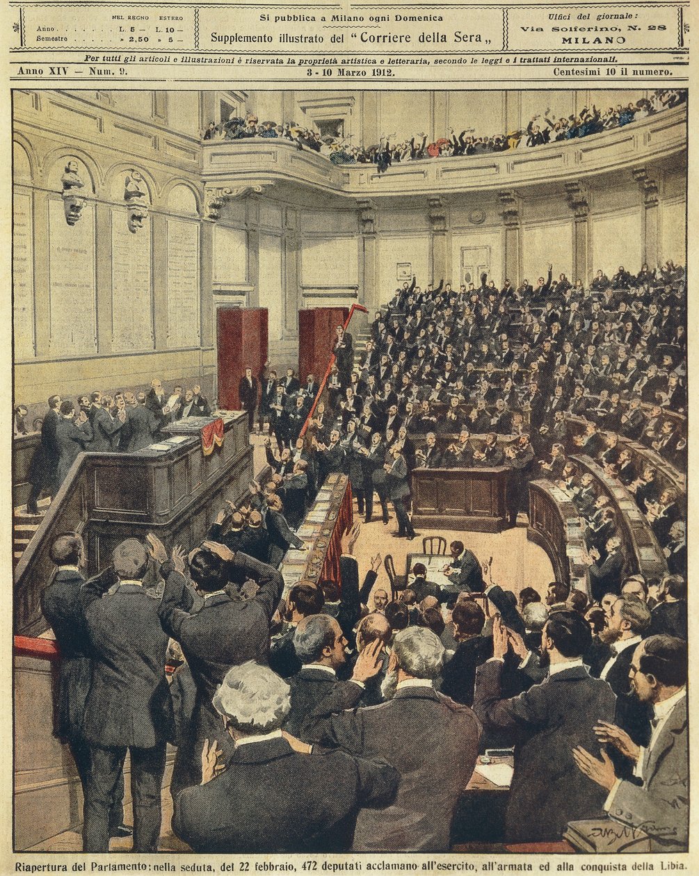 Genåbning af det italienske parlament om aftenen den 22. februar, jubel fra hæren efter dens vellykkede kampagne i Libyen, af Achille Beltrame, illustration, Illustrator Achille Beltrame (1871-1945), fra La Domenica del Corriere, 3. marts 1912 af Achille Beltrame