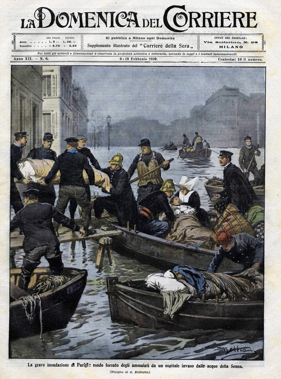 Redning af de syge i Paris under oversvømmelserne i februar 1910. Forside af "" domenica del corriere""".13. februar 1910 illustration af Achille Beltrame af Achille Beltrame