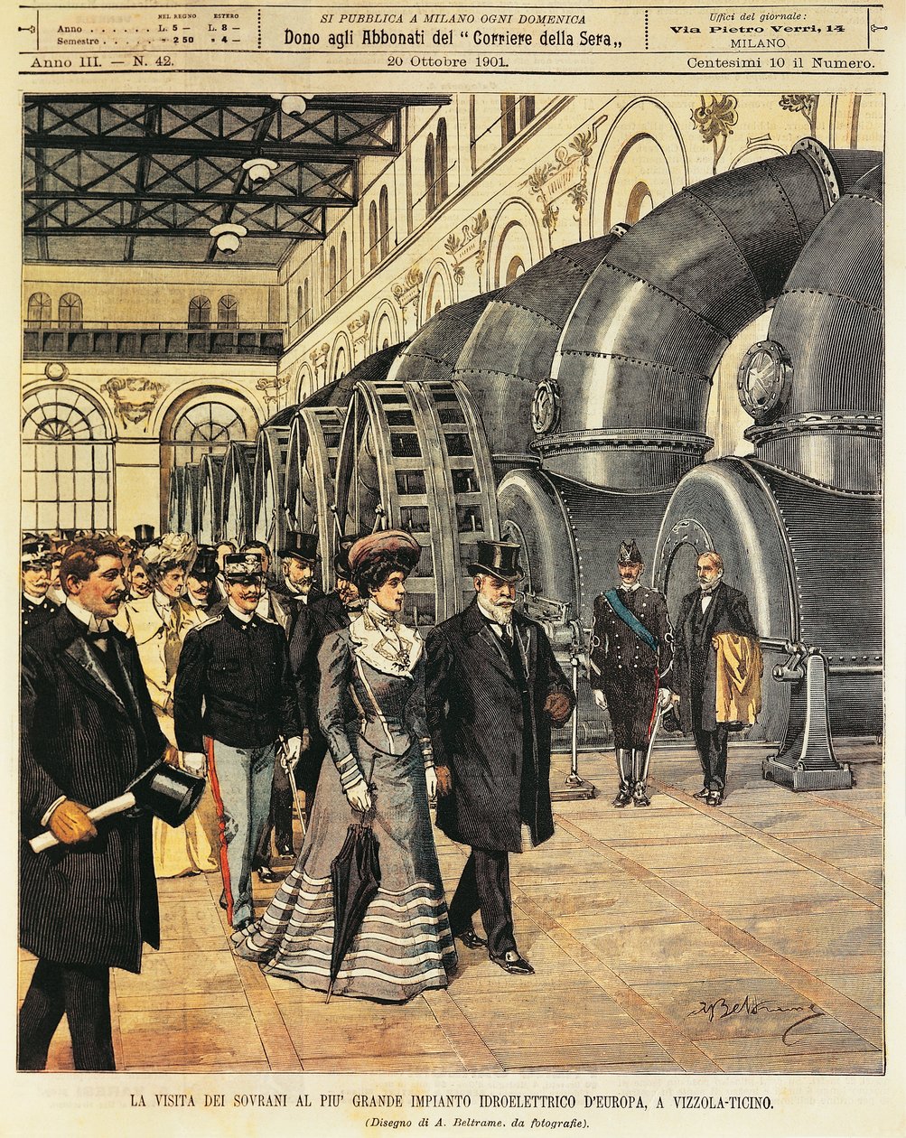 Kongelige besøger det største vandkraftværk i Europa ved Vizzola Ticino (Italien), af Achille Beltrame (1871-1945), fra La Domenica del Corriere, 20. oktober 1901 af Achille Beltrame