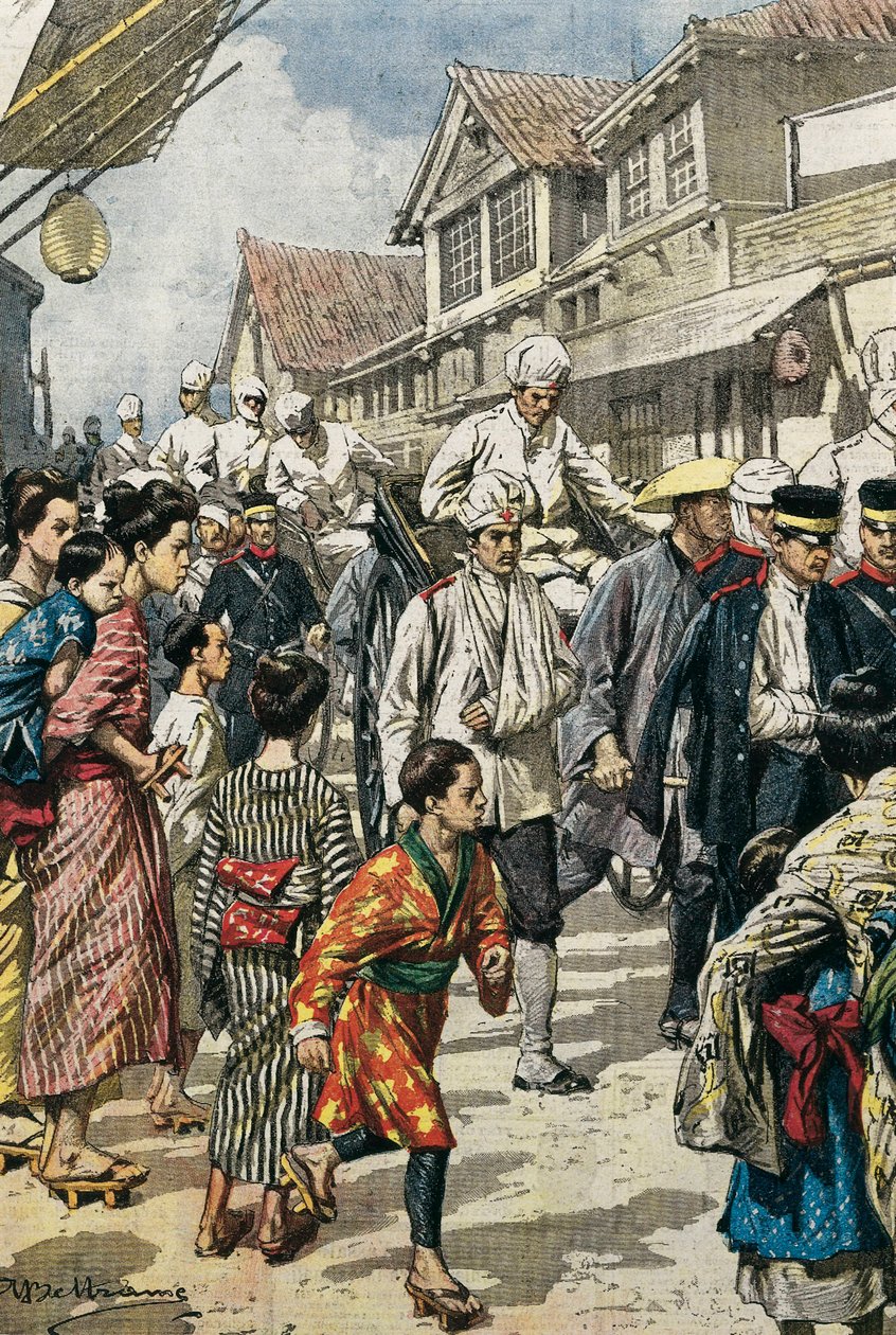 Den russisk-japanske krig (1904-1905). Ankomst til Tokyo af de første sårede i slaget ved Ya-Lu (februar 1904). Billede af Achille Beltrame til "La Domenica del Corriere"". Ætsning. af Achille Beltrame