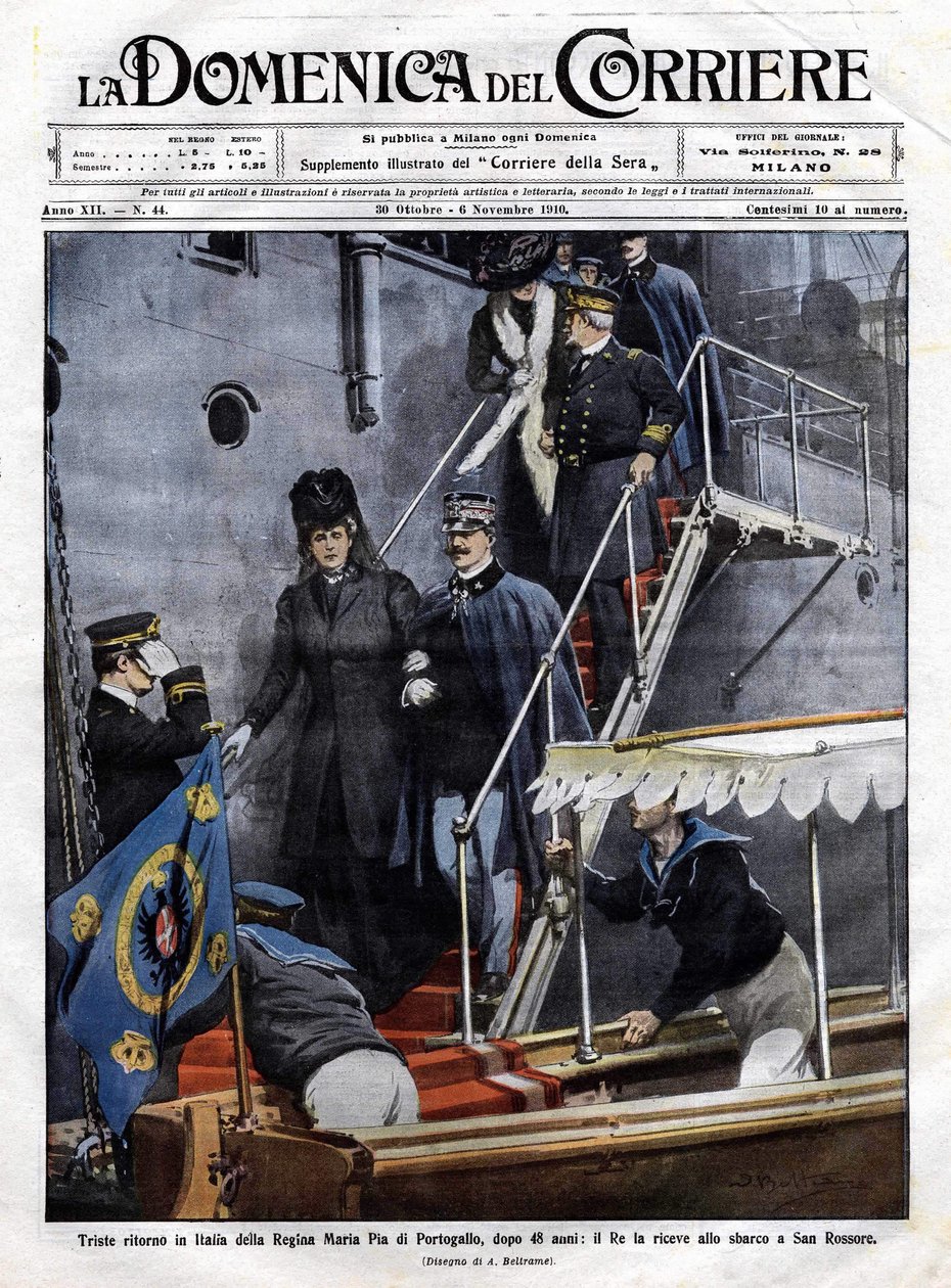 Dronning Maria Pia af Portugals trist tilbagevenden til Italien efter 48 år: den italienske konge Victor Emmanuel III (Victor-Emmanuel) (Vittorio Emanuele) modtog den i San Rossore i Toscana. Illustration af Beltrame. La Domenica del Corriere. 6/11/1910. af Achille Beltrame