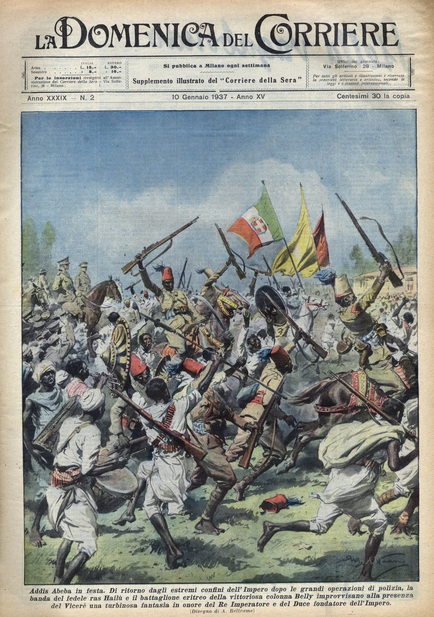 Ras Hailou, Addis Abeba, Etiopien - Officiel musikvideo Parade til ære for hertugen (Benito Mussolini) og kongen af ​​Etiopien. Illustration af Achille Beltrame i "The Domenica of the Corridor"" 10/01/1 af Achille Beltrame